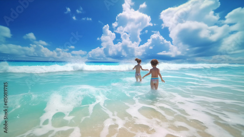 Kids playing with sand in beach scene waves surf with amazing blue ocean sea island Summer concept