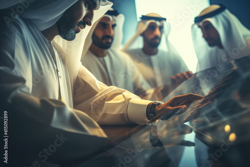Successful muslim businessman wearing traditional clothes touching sensitive display while looking for touristic information with urban technology system in modern office with his business partners.