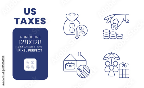US taxes linear desktop icons set. Deductions and exemptions. Income taxation. Federal spending. Pixel perfect 128x128, outline 2px. Isolated user interface elements pack for website. Editable stroke