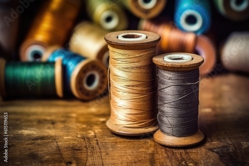 Sewing thread on an old wooden spool in vintage style. Generative AI