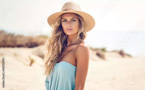 Beach portrait of Young beautiful woman , Generative AI Illustration