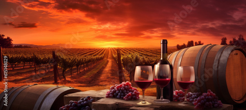winery beverage bottle barrel wine sunset alcohol grape drink glass. Generative AI.