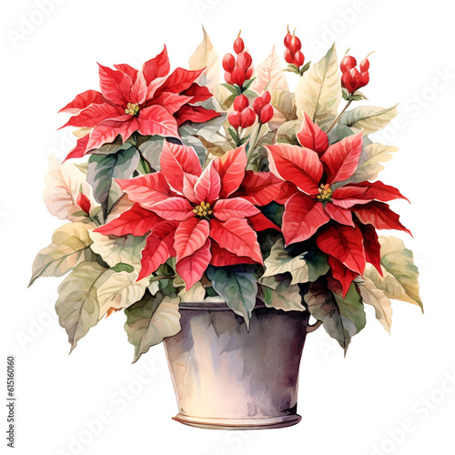 Winter Poinsettias in Vase Watercolor Clipart, Poinsettias Illustration, Christmas Decoration, Winter Flower Art, made with generative AI 
