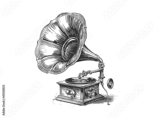 Musical gramophone sketch hand drawn vintage. Vector illustration desing.