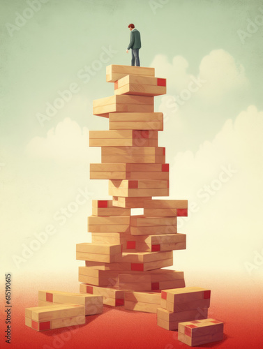 An individual plagued by perfectionism is shown as a stack of jenga blocks precariously balanced. Psychology art concept. AI generation