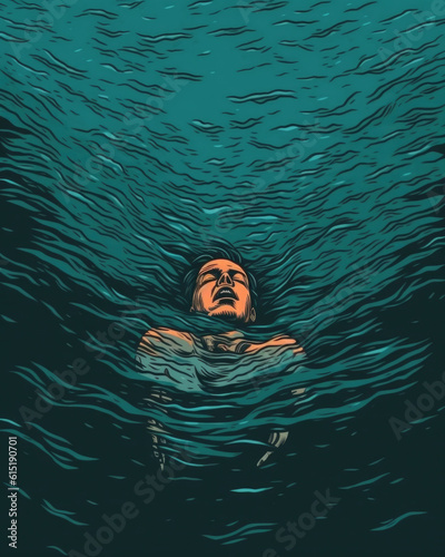 A drawing of a person drowning in a dark sea of emotions. Psychology art concept. AI generation