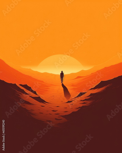 A person walking through a desert conveying feelings of loneliness and aimlessness. Psychology art concept. AI generation