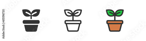Plant in the pot icon isolated. Gardening symbol. Flower, spring, sprout, flowerpot, botanic, leaf in vase. Outline, flat and colored style. Flat design. Vector illustration