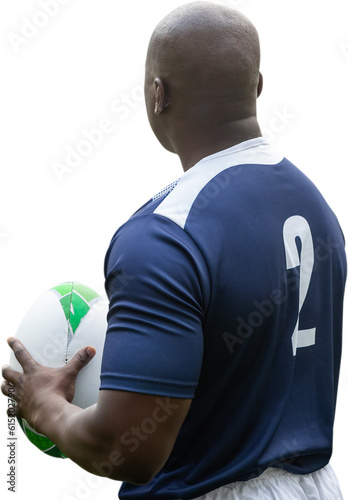Digital png photo of back view of african american rugby player on transparent background