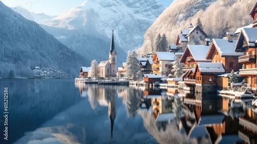 Hallstatt city during winter time, View of beautiful magic village.