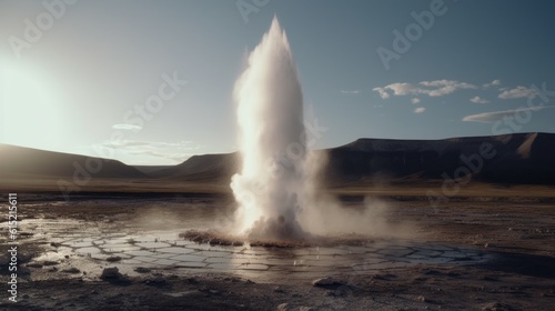 A geyser erupting in an otherwise serene landscape