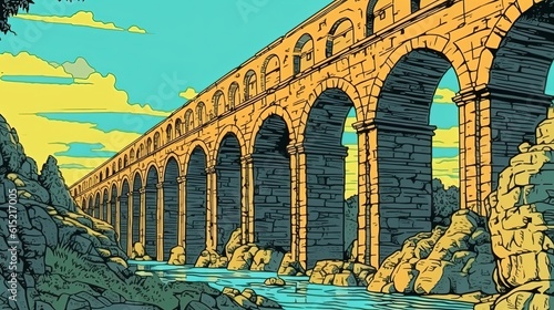 Ancient Roman aqueduct . Fantasy concept , Illustration painting.