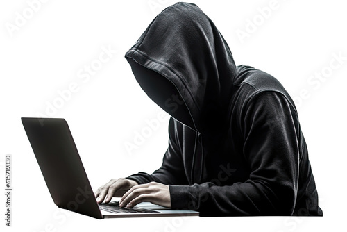 A hacker in black hoodie is working on his laptop.