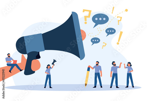 People announce advertising with megaphone vector illustration. Awareness focus loud speaker man and woman. Business banner marketing group media. Speech news promotion network leadership poster