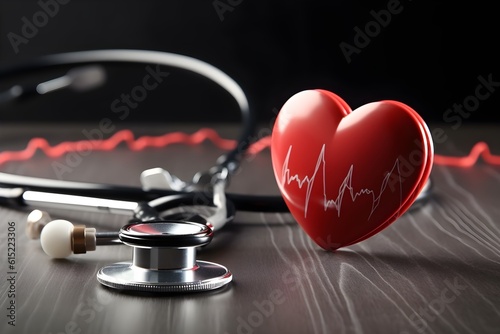 Stethoscope and red heart on wooden table