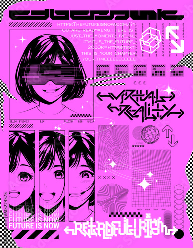 Poster with cute anime girls on the theme of virtual reality, future, cyberpunk, retrofuturism. Pink poster with cute anime girls. Japanese poster in manga style. Poster Y2K for typography. Vector