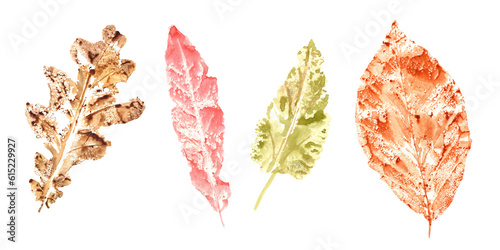 Imprints of autumn leaves in orange, yellow, pink colors isolated on transparent background. Set of fall dry leaves. Watercolor illustration of colorful leaf forms for posters, texture, frame, cards