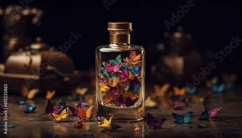 Organic alchemy a luxury perfume bottle with multi colored plant materials generated by AI