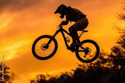A close - up view of the silhouette of a man on a bike jumping in the golden sunset. Generative AI
