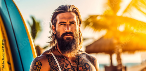 Sexy surfer man with surfboard on the beach. Handsome young male athlete with tattoo holding surf board with wet hair on summer beach sport holiday. Surfing lifestyle. digital ai art 