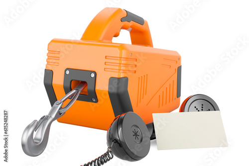 Electric winch with blank business card and retro phone receiver. 3D rendering