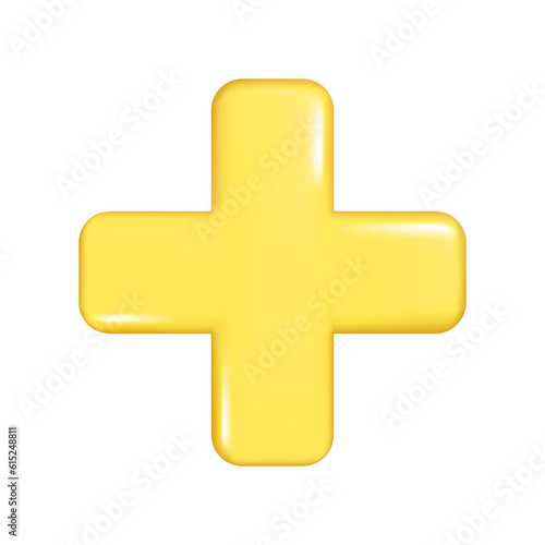 Realistic 3d yellow plus sign. Decorative arithmetic 3d element, education maths icon, mathematical or medical symbol. Abstract vector illustration isolated on a white background