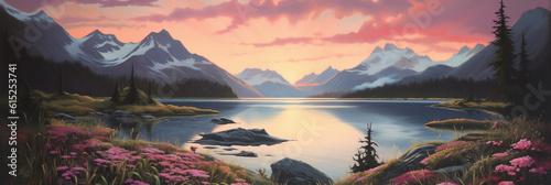 a painting of pink flowers by a lake with mountains in the background and a blue sky with clouds in the background and a pink sunset, Generative AI