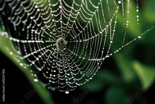 The detail of a dew - laden spider web in the early morning. Generative AI