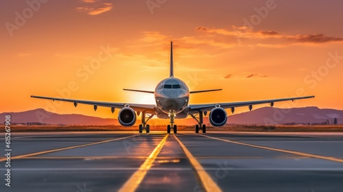 Airplane on the runway at sunset.