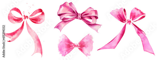 Satin pink bows for gifts watercolor clipart, vintage bow set.