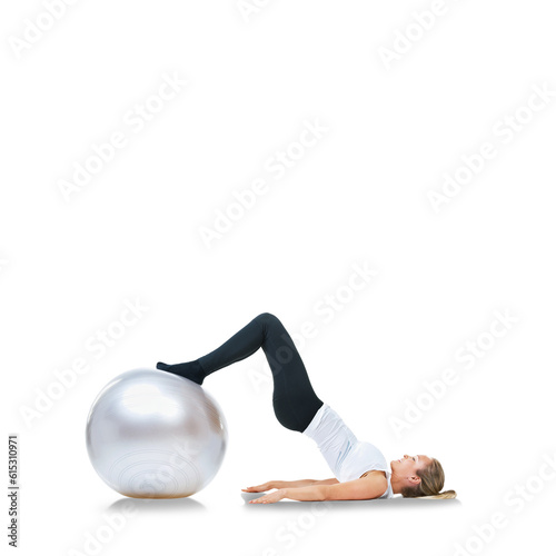 Woman, exercise ball and butt workout with hip thrust and fitness training with balance. Female person, health equipment and isolated on a transparent, png background with leg muscle and wellness