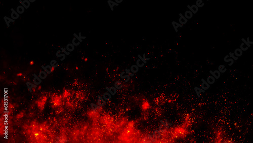 Fire embers particles over black background. Fire sparks background. Abstract dark glitter fire particles lights. 