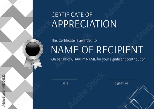 Certificate of appreciation, this certificate is awarded to text and award ribbon on blue template