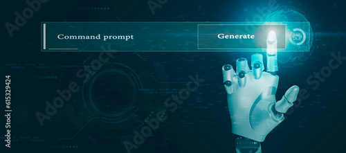 Command prompt for generating something, Futuristic technology transformation, Hands robots touching on big data network connection Global Internet, Artificial Intelligence, technology background