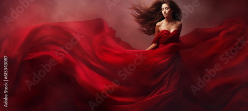 Woman in red waving dress dancing with flying fluttering fabric