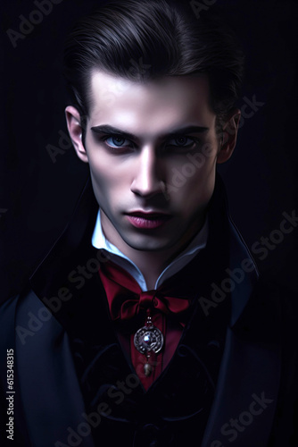 Portrait of an attractive male vampire or dark magician in vintage style on black. Vampire novel cover design. Generative AI illustration.