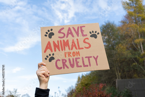 Hand holding placard sign with text Save animals from cruelty, during animal rights march. Protestor with cardboard banner at protest rally demonstration.