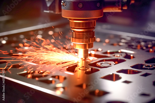 Fiber laser cutting machine cut the sheet metal plate with sparks. Hi-technology manufacturing process by laser cutting machine. Generative AI