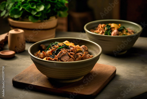 a bowl with beef in it sitting on top of another bowl