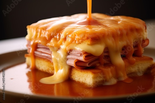 Francesinha, a traditional Portuguese sandwich layered with meats and cheese.