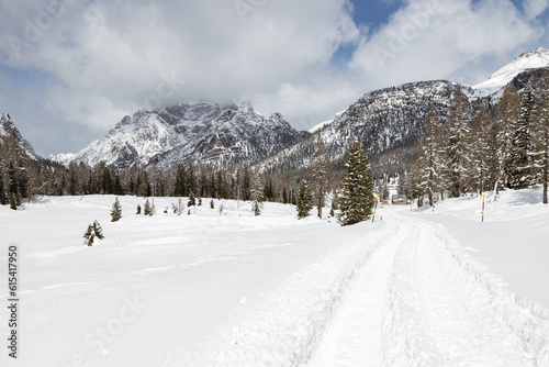 Panoramic road on way up to Tre Cime di Lavaredo completely snowy; Misurina, Auronzo di Cadore, Province of Belluno, Dolomites, Italy