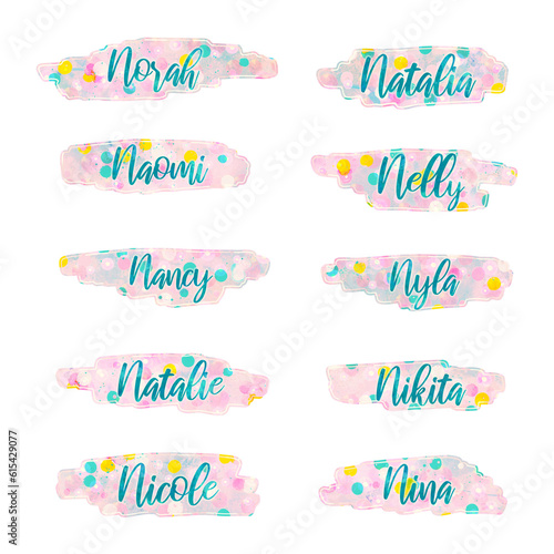 girl names that start with letter N, Norah, Natalia, Naomi, Nelly, Nancy, Nyla, Natalie, Nikita, Nicole, Nina, stickers, labels with decorative background, isolated, extracted, png file