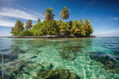 remote island with swaying palm trees and crystal-clear waters, created with generative ai