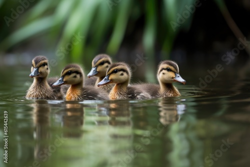 group of ducklings swimming in a pond, with their mother keeping watch, created with generative ai