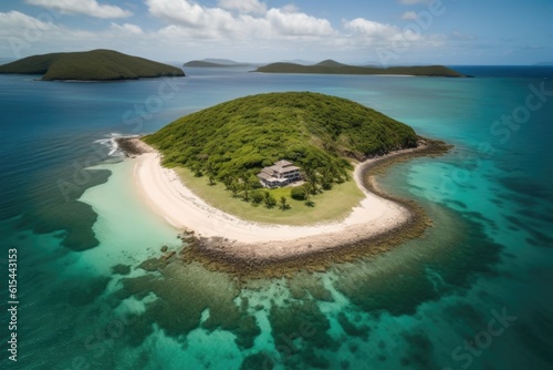 remote island with private beach surrounded by crystal-clear water, created with generative ai
