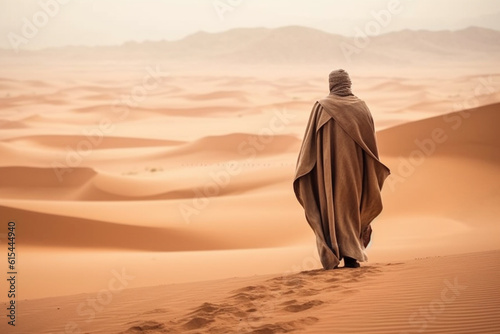 The solitude and beauty of the Sahara desert as a lone Arab figure gracefully traverses the vast sandy landscapes, dressed in traditional attire. Ai generated