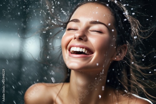 A close - up photo of a happy woman model with water splashes, emphasizing the concept of skincare hydration and beauty. Generative AI