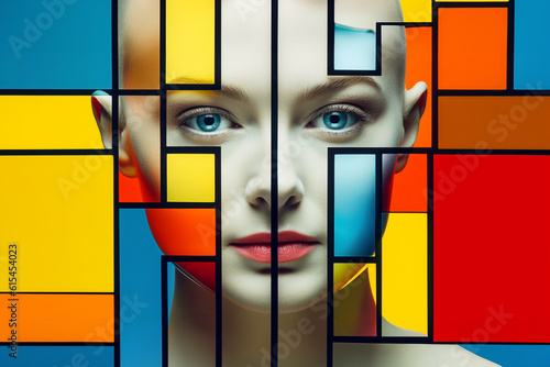 Frau Gesicht im Mosaik Muster farbig Nahaufnahme, ai generativ