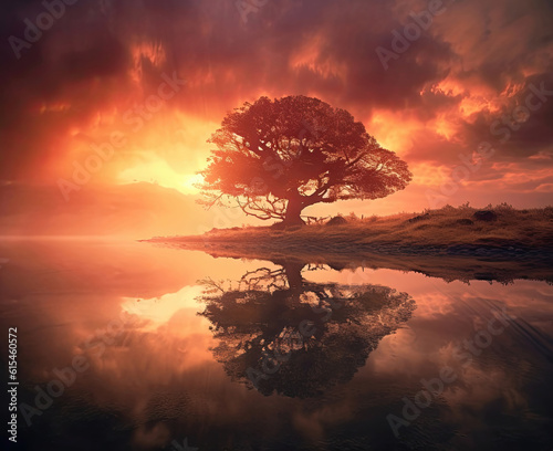 Landscape with the sun and a lonely tree.