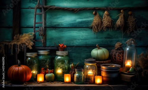 Autumn festive Halloween background, in the style of rustic core, glowing lights, photo-realistic still life, light indigo and dark green, wooden indigo fall background.